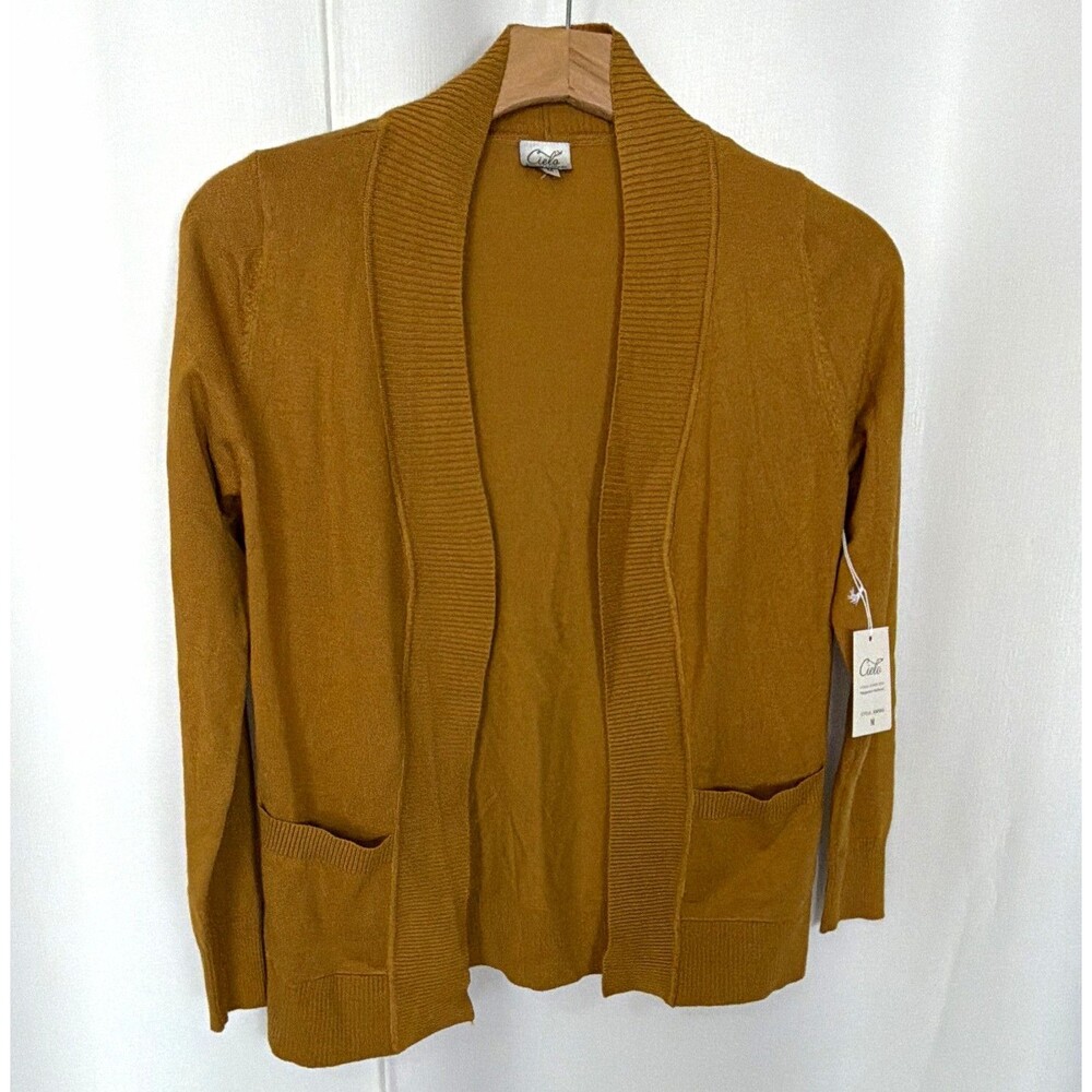 NWT Cielo Women’s gold Open Front Knit Cardigan Sweater Pockets V-Neck Medium